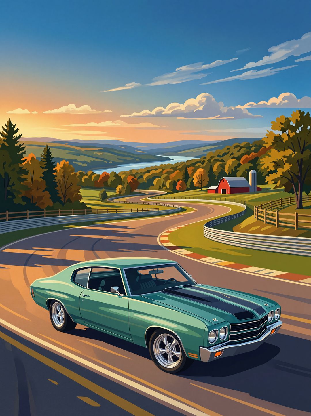 Green 1970 to 1972 Chevelle with black hood stripes on a country road near Watkins Glen