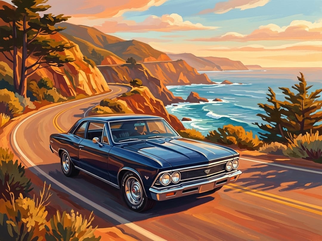 Dark blue 1966 Chevelle hardtop on the Pacific Coast Highway at sunset