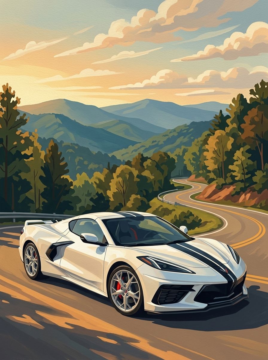 Vintage poster of a white C8 Corvette with black stripes on a winding mountain road at sunrise