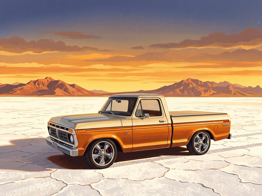 Orange and cream 1973 to 1979 Ford F-100 Explorer lowered on the Bonneville Salt Flats