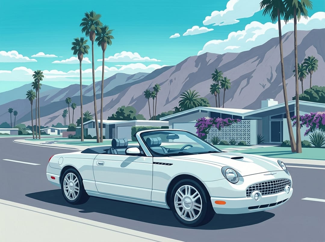Poster of a white 2002 Ford Thunderbird convertible on a street of mid-century houses in Palm Springs