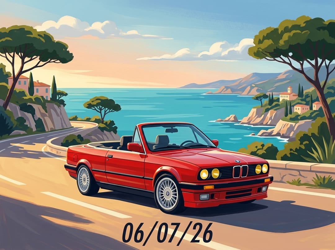 Red BMW E30 Cabrio with the top down and BBS-style wheels on a Côte d'Azur coast road