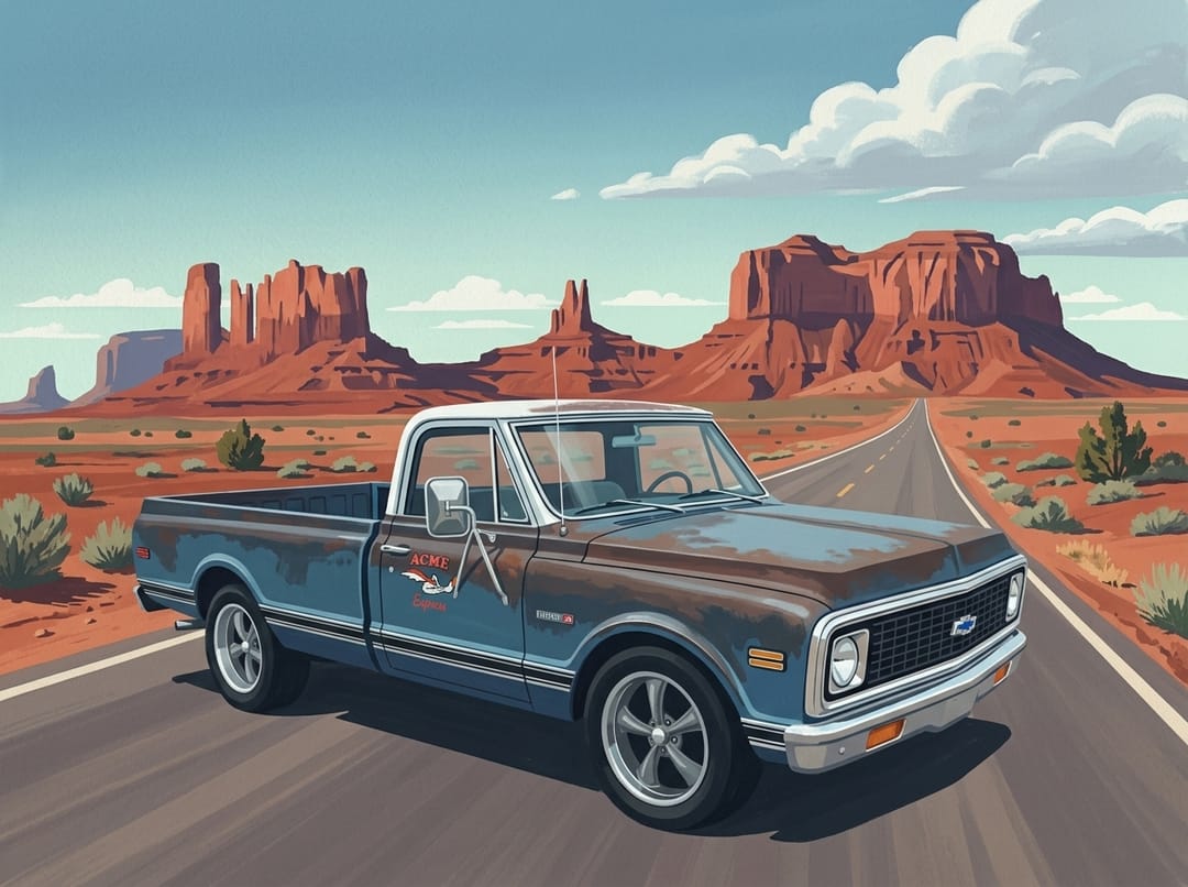 Blue and patina 1971 to 1972 Chevy C10 with Acme Express door lettering in Monument Valley