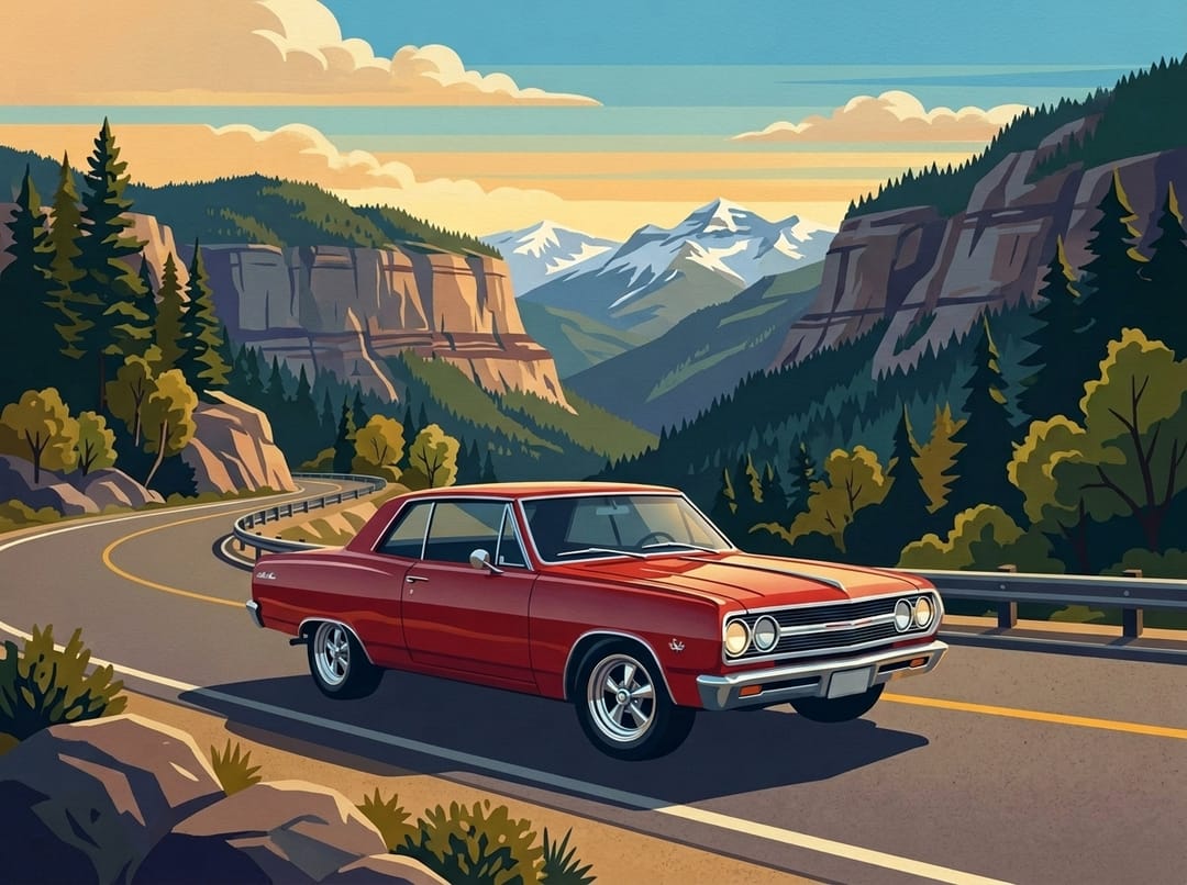 Red 1964 to 1965 Chevelle Malibu hardtop on a Colorado mountain highway with snowy peaks