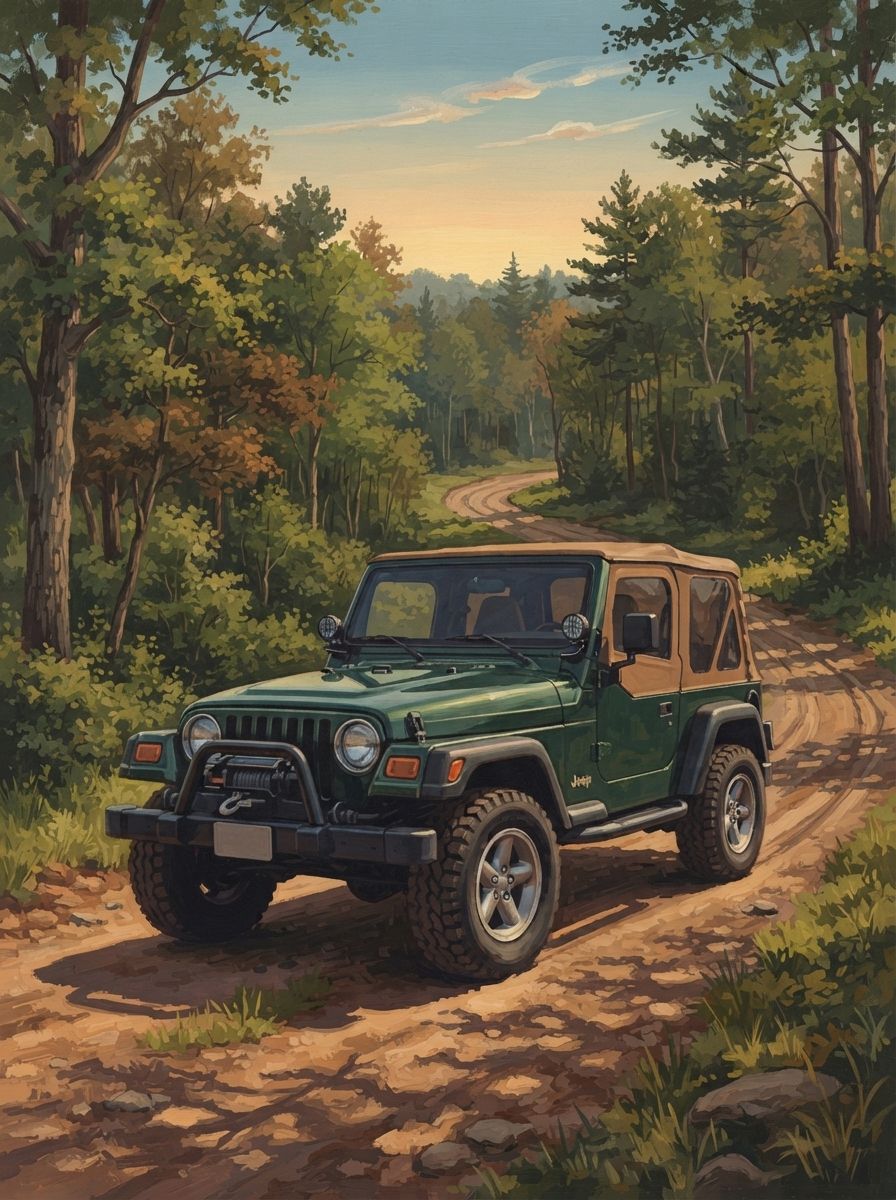 Green Jeep Wrangler TJ with a tan soft top and a winch on a two-track forest trail