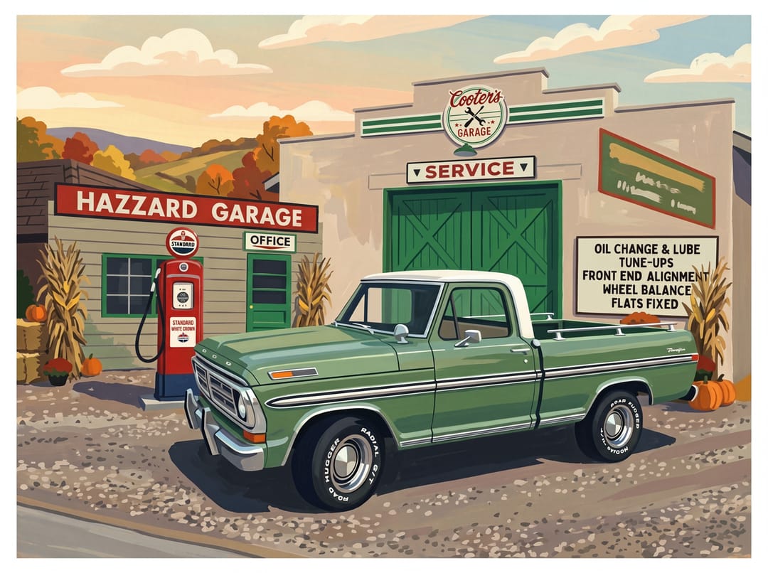 Green and white 1967 to 1972 Ford F-100 Ranger outside an old service garage with a gas pump