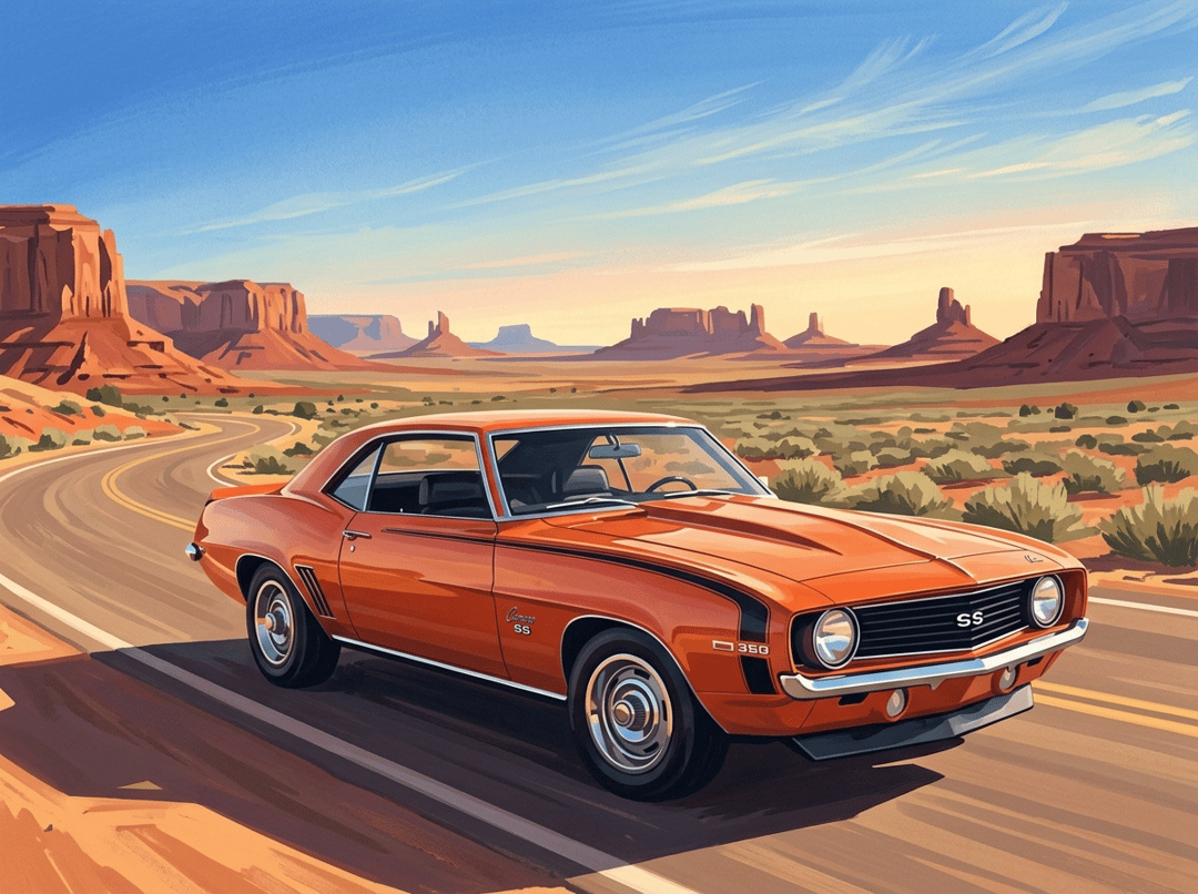 Orange 1969 Camaro SS 350 on Route 66 through the desert