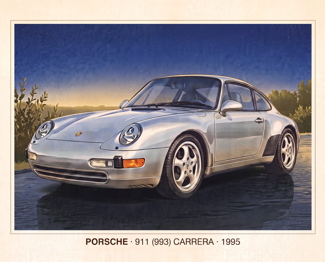 Brochure-style poster of a silver Porsche 911 993 Carrera with the caption Porsche 911 (993) Carrera 1995