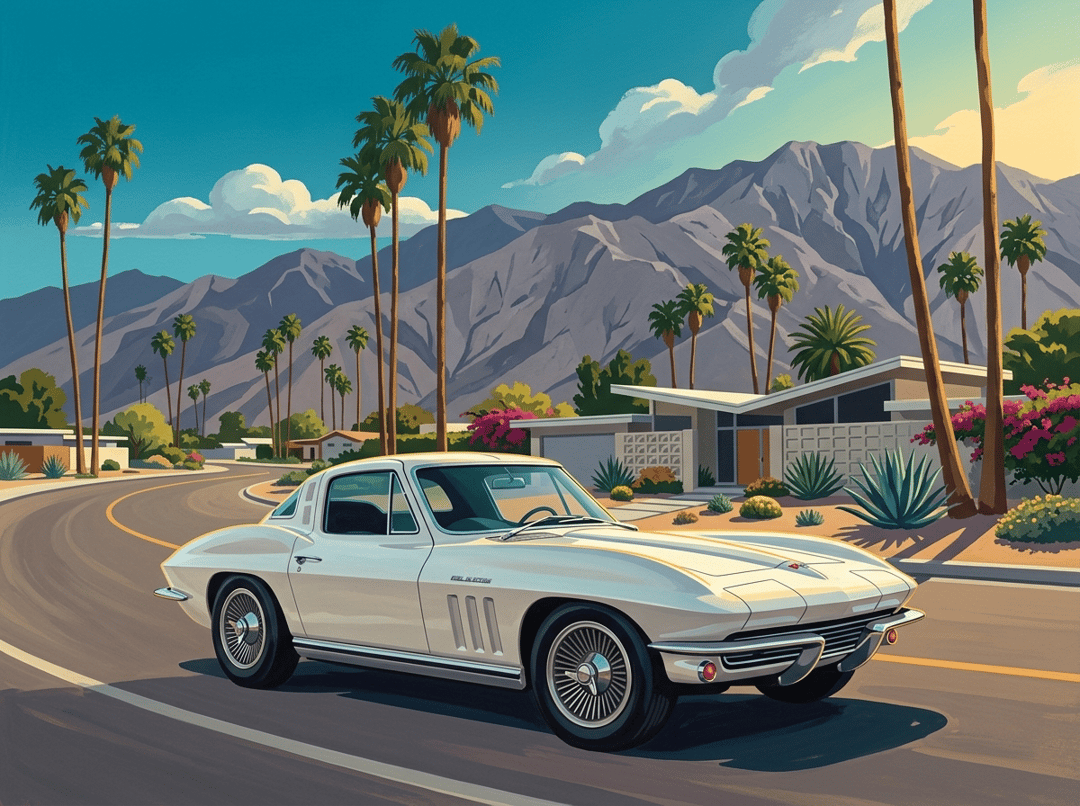 White C2 Corvette Sting Ray coupe on a palm-lined street in Palm Springs with mountains behind