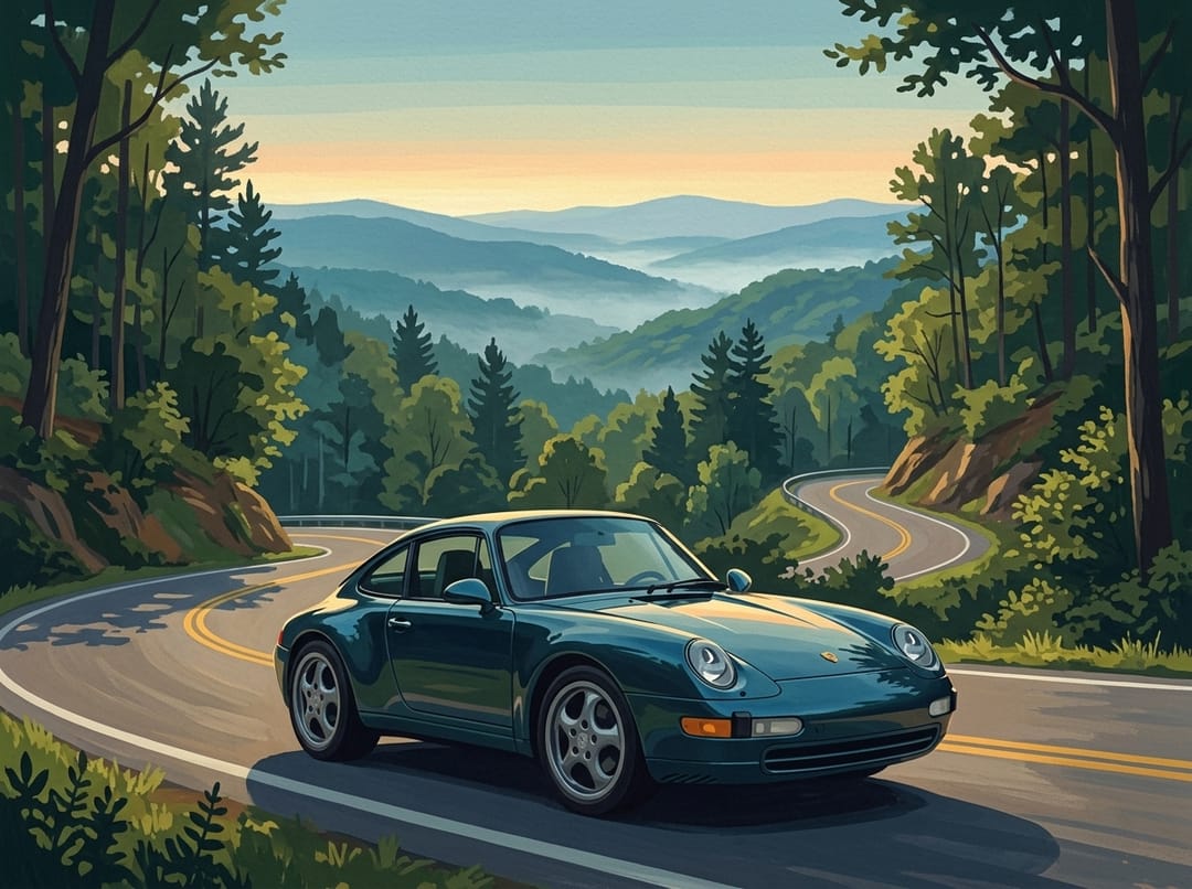 Dark green Porsche 993 coupe on the Tail of the Dragon in the Smoky Mountains