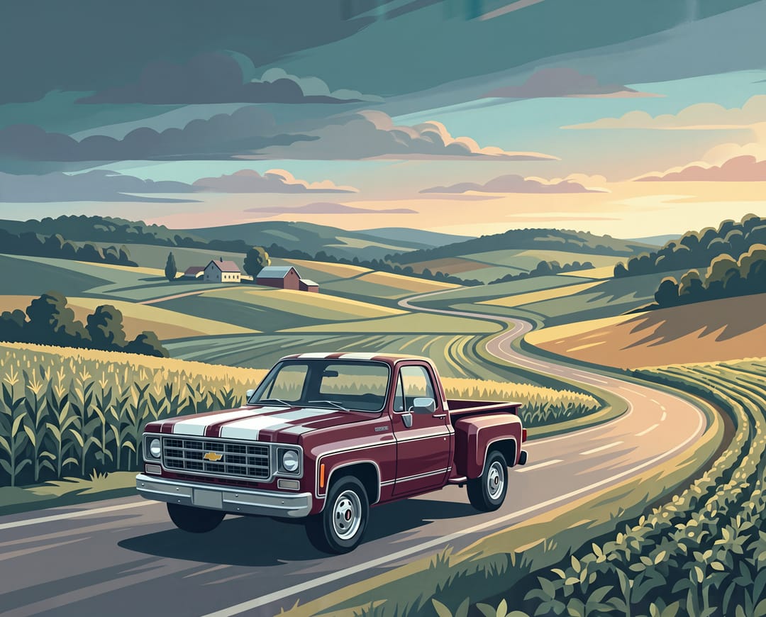 Poster of a burgundy 1976 Chevrolet stepside pickup with white stripes on a road through hilly farmland with corn and beans