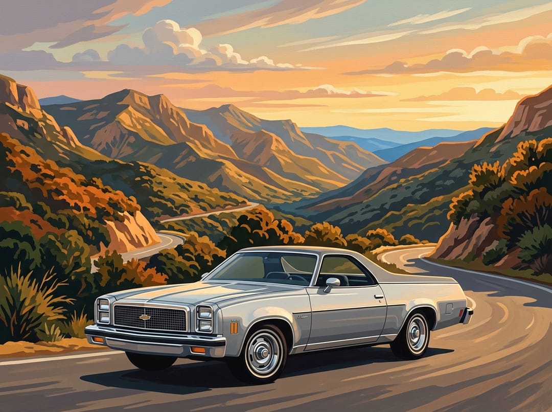 Poster of a silver 1974 Chevrolet El Camino with a gray vinyl top on a canyon road at sunset