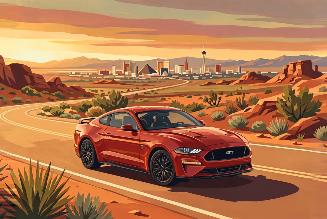 Poster of a Ruby Red 2019 Ford Mustang GT with a rear spoiler on a desert road with the Las Vegas skyline behind
