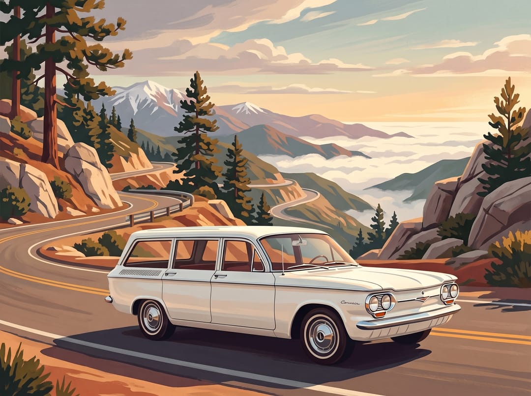 Poster of a white 1962 Chevrolet Corvair Lakewood station wagon on the Angeles Crest Highway above the clouds
