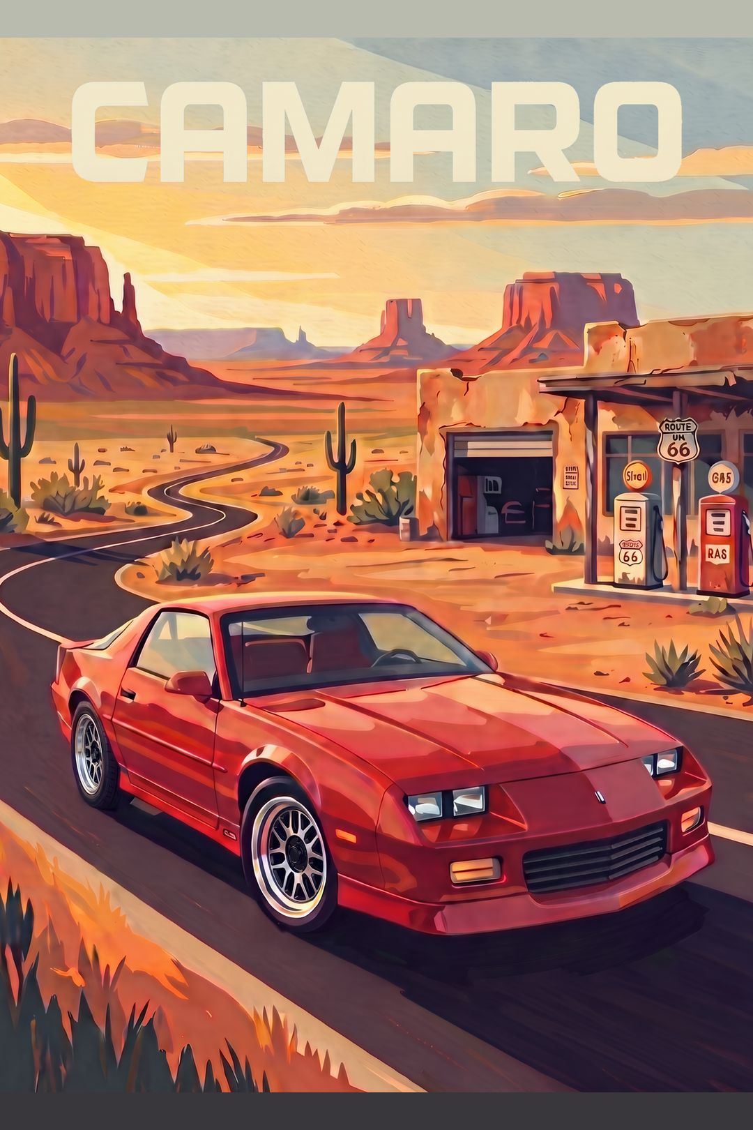 Red third-generation Camaro at a desert gas station on Route 66 under a large CAMARO headline