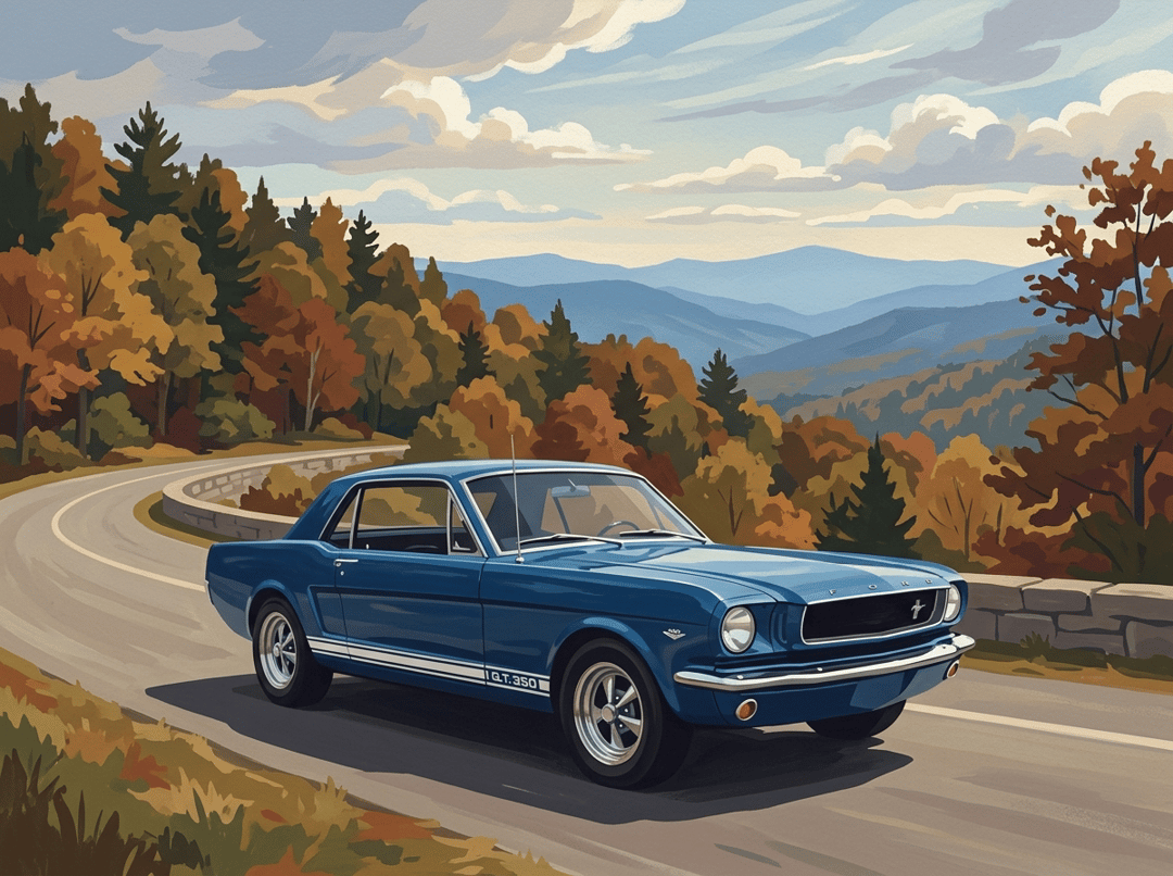 Blue first-generation Mustang coupe with GT350 side stripes on the Blue Ridge Parkway in fall