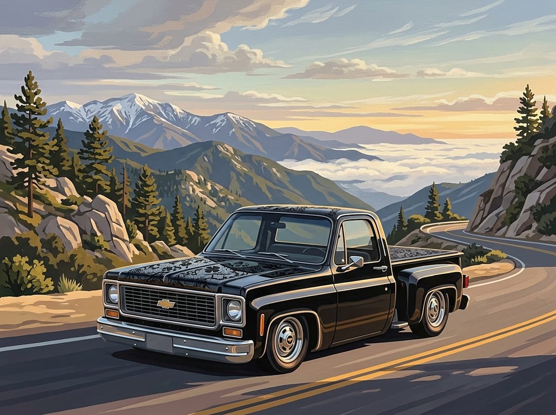 Lowered black 1976 Chevy C10 stepside with engraved paint on a mountain highway
