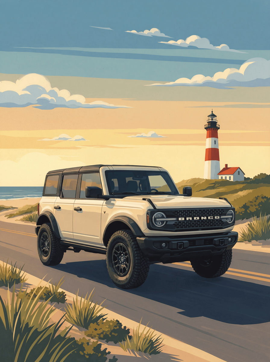 Cream 2021-on Ford Bronco four-door on an East Coast beach road with a lighthouse