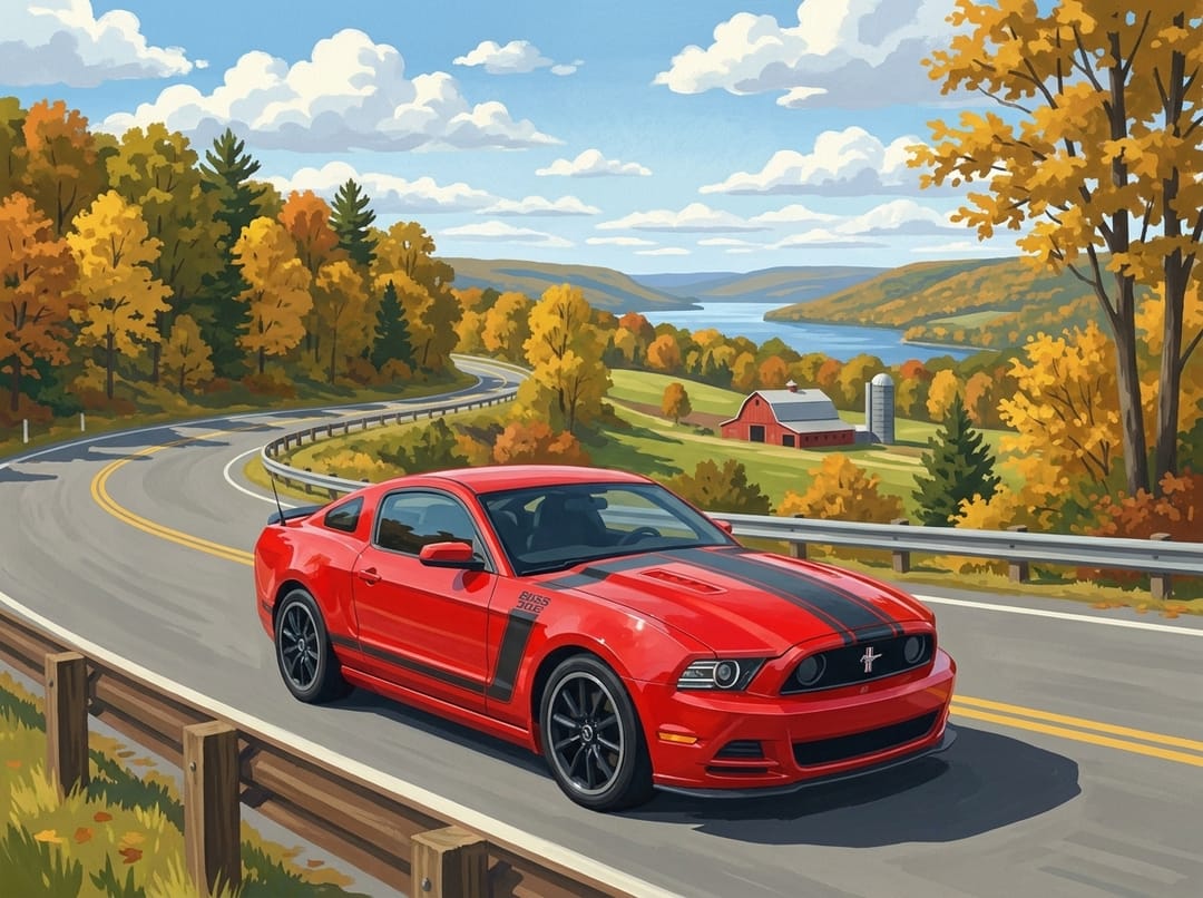 Red S197 Mustang Boss 302 on a country road near Watkins Glen in autumn