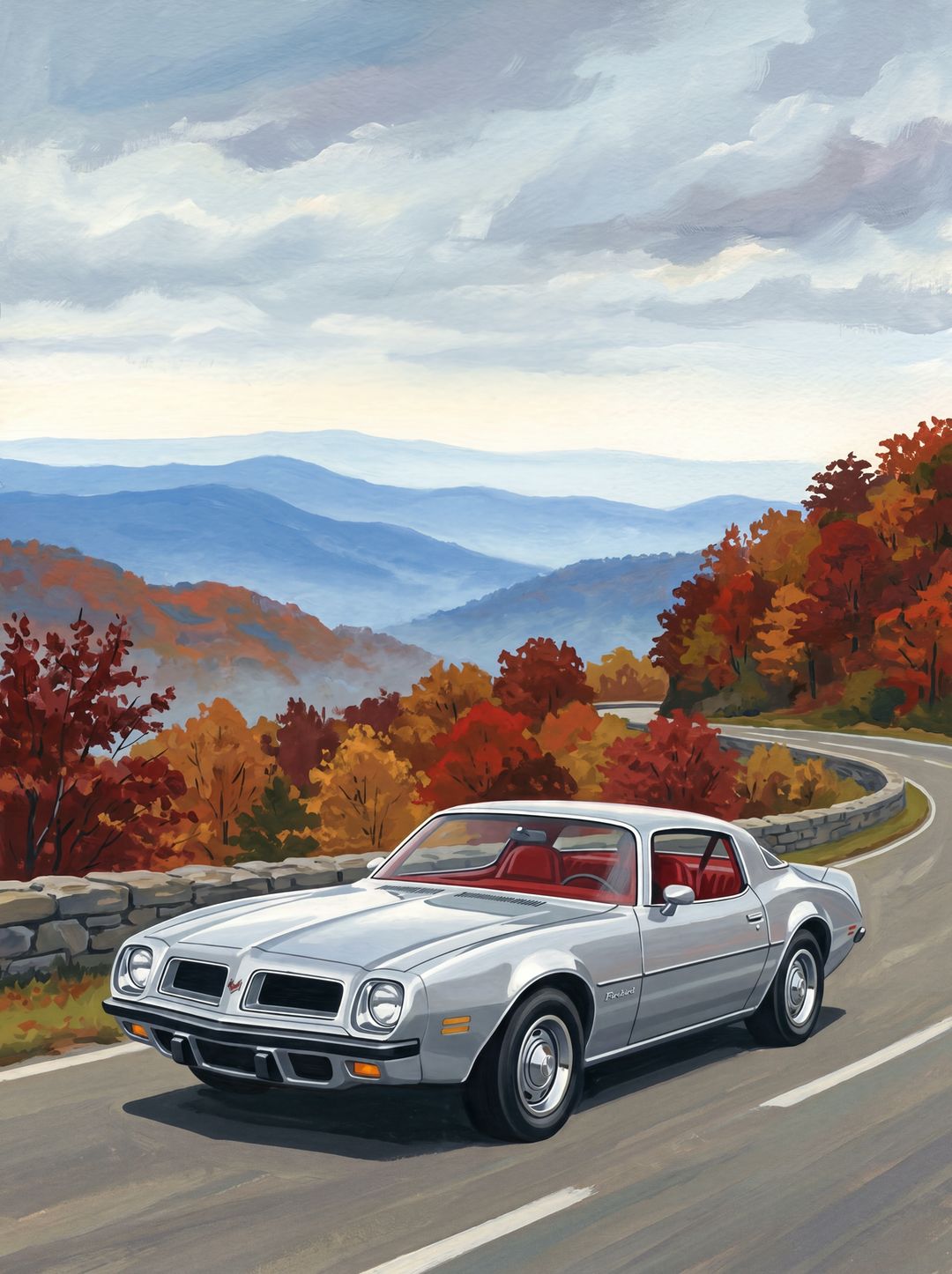 Vertical poster of a silver 1976 Pontiac Firebird with a red interior on the Blue Ridge Parkway in autumn