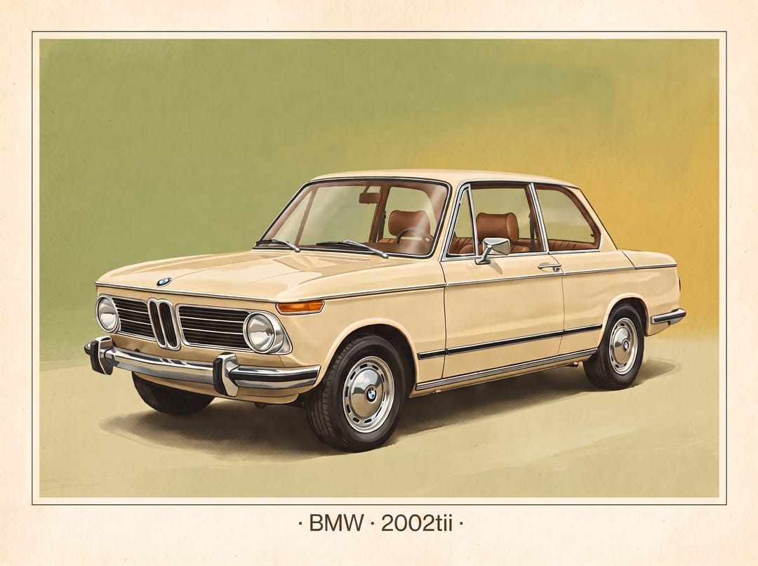 Brochure-style poster of a cream BMW 2002tii with chrome bumpers, captioned BMW 2002tii