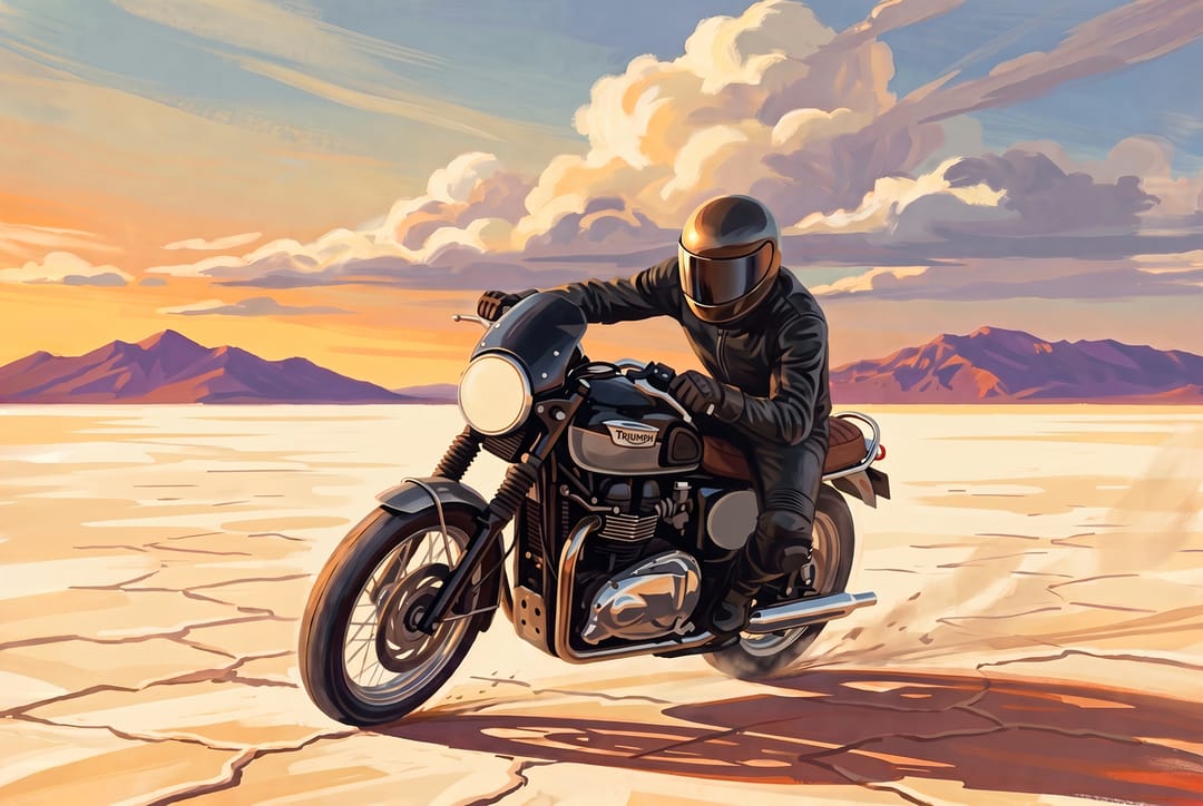 Vintage poster of a black Triumph Thruxton racing across white salt flats at sunset, rider tucked low