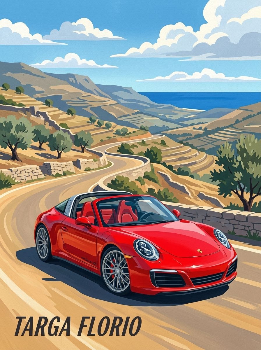 Red modern Porsche 911 Targa on a winding Sicilian road with the sea behind