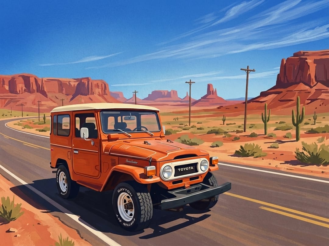 Travel poster of an orange Toyota Land Cruiser FJ40 on Route 66 in the desert