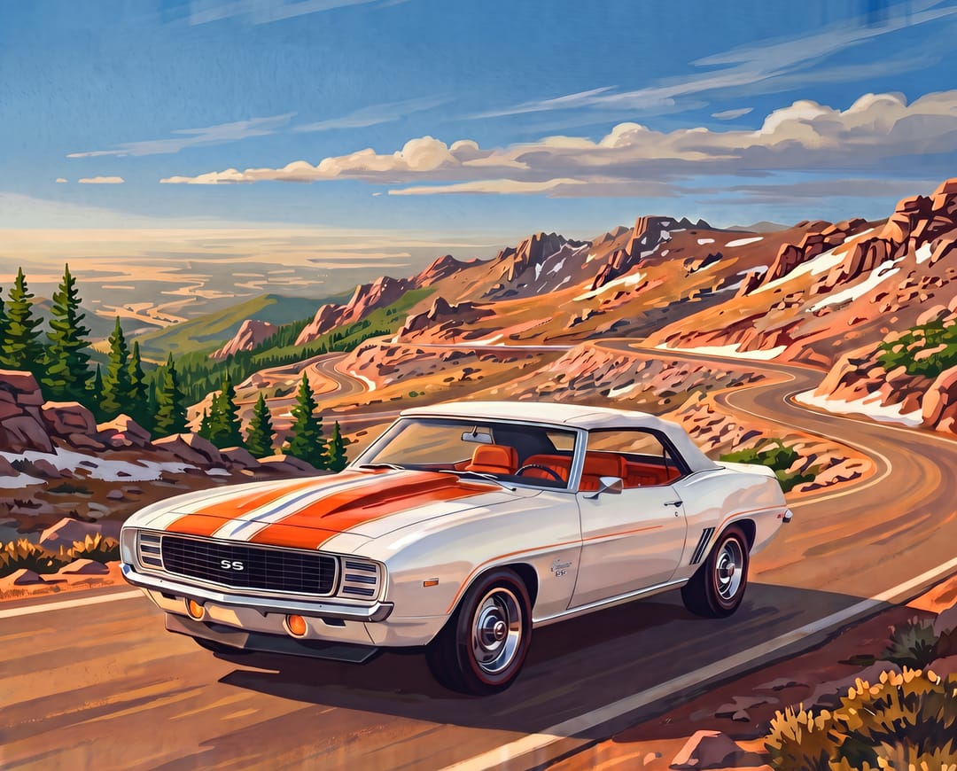 White 1969 Camaro RS/SS convertible with orange stripes on the Pikes Peak Highway