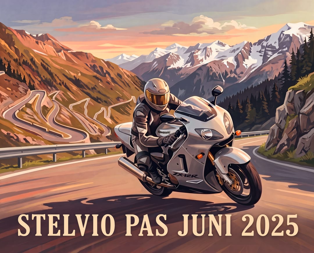 Vintage poster of a silver Kawasaki ZX-12R leaning into a curve on the Stelvio pass, rider with a gold visor down, text Stelvio Pas Juni 2025