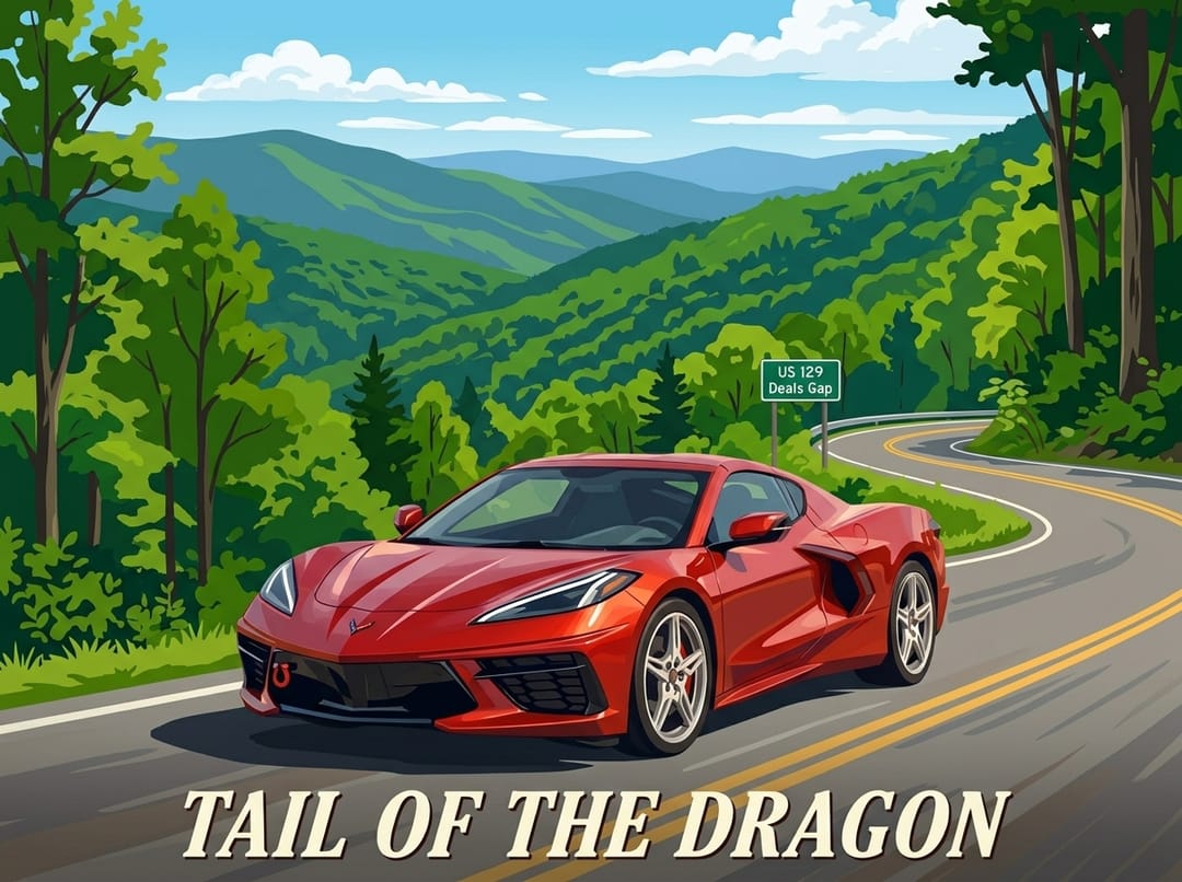 Poster of a red C8 Chevrolet Corvette on the Tail of the Dragon at Deals Gap with the road name in large letters