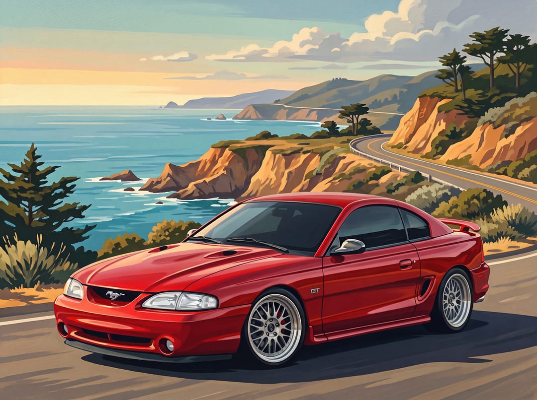 Red SN95 Mustang GT with mesh wheels above the cliffs of the Pacific Coast Highway
