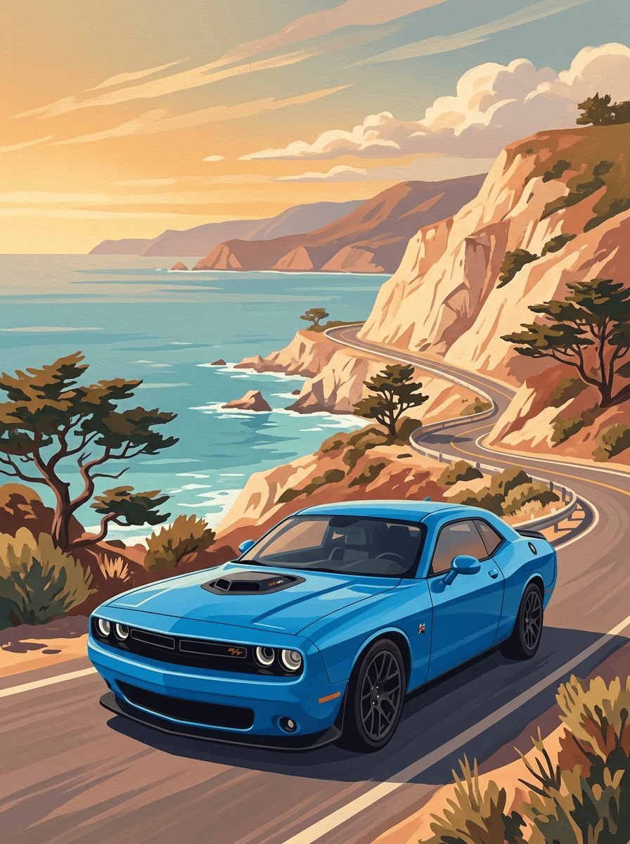 Vertical poster of a blue modern Dodge Challenger on Pacific Coast Highway above the ocean