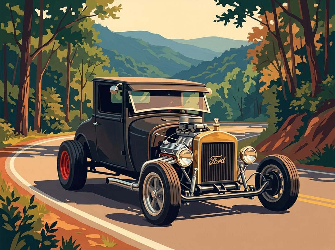 Poster of a black Ford hot rod with an exposed engine and red wheels on a forest road in the Smoky Mountains