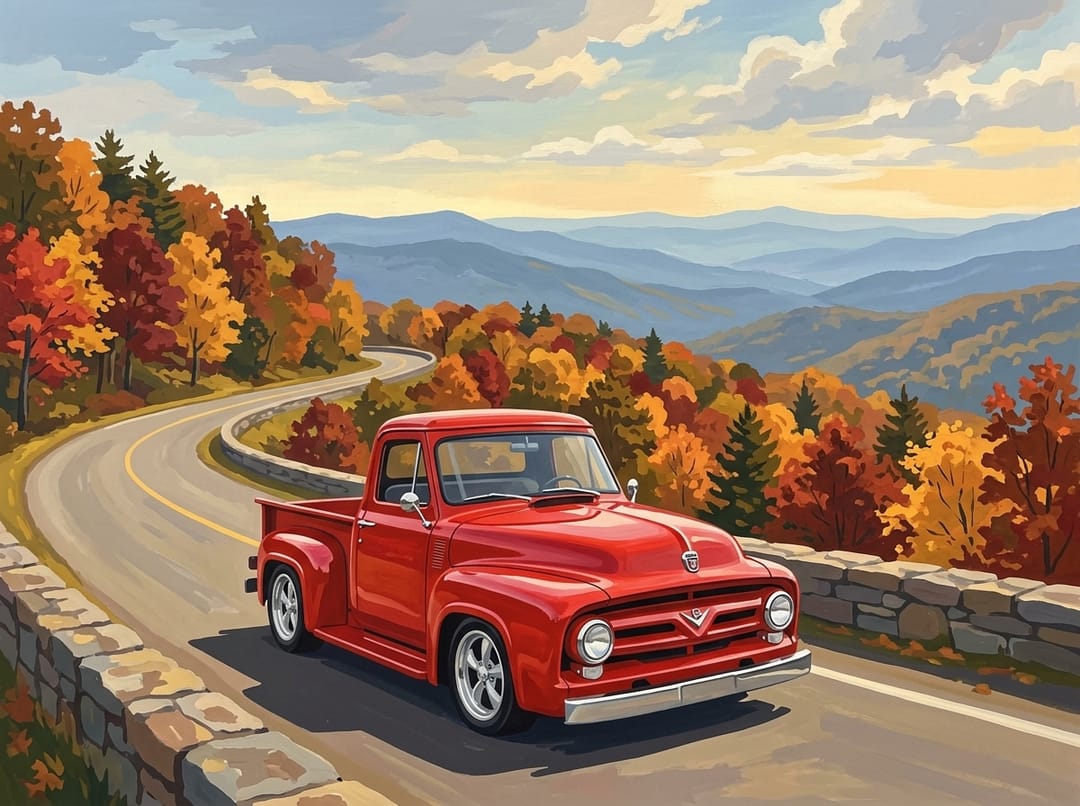 Red 1953 to 1956 Ford F-100 on the Blue Ridge Parkway in peak fall color