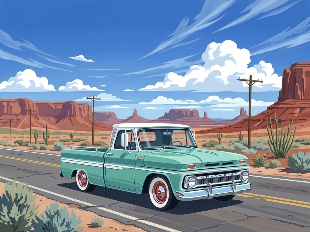 Seafoam green and white 1960 to 1966 Chevy C10 long-bed fleetside with whitewalls on a desert highway