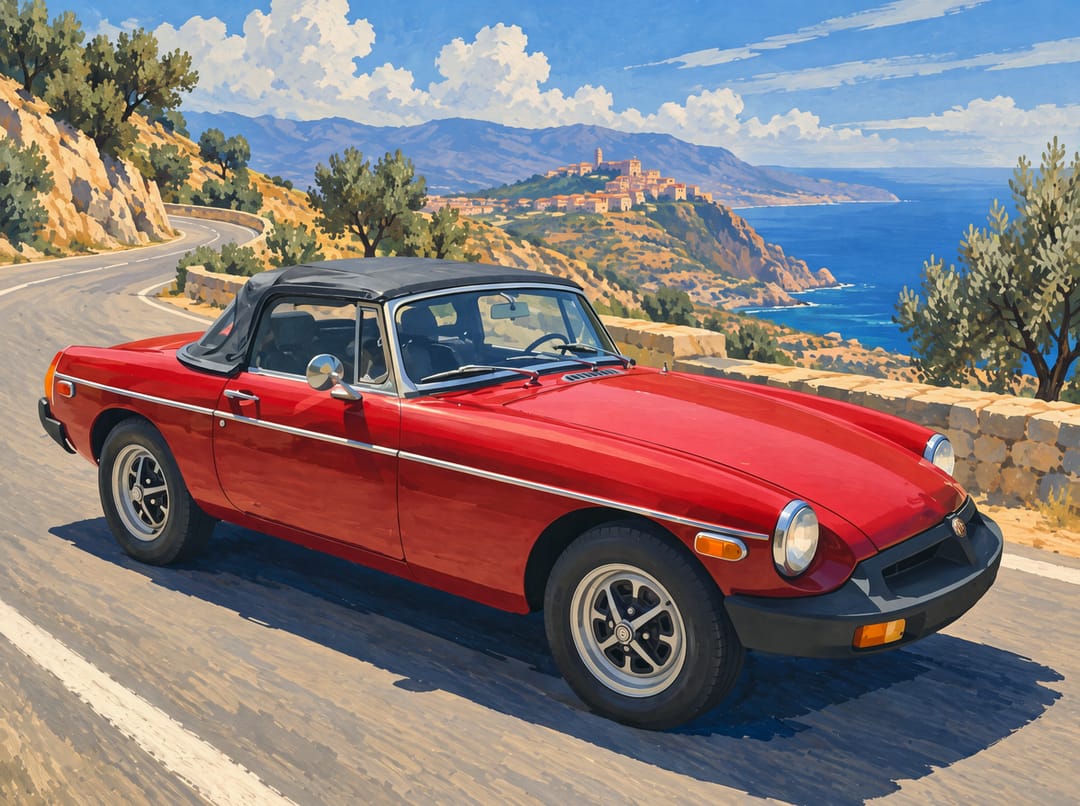 Print van een rode MGB roadster met zwarte kap op een kustweg op Sicilië