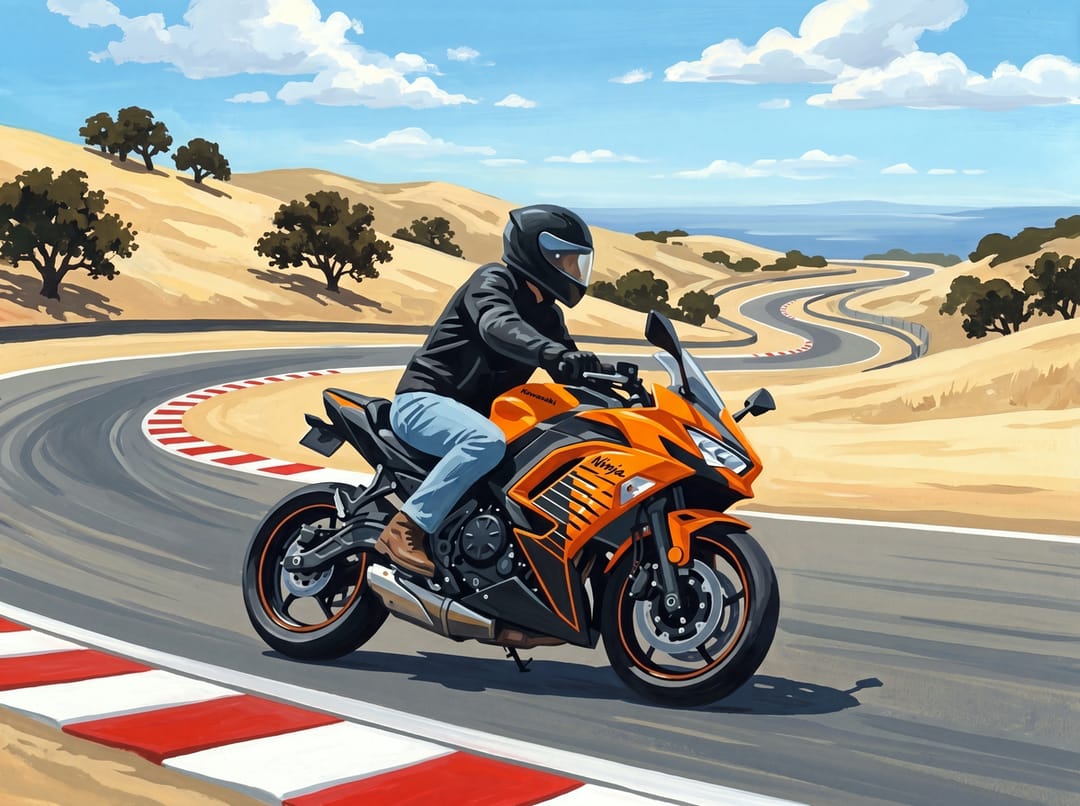 Vintage poster of an orange Kawasaki Ninja 650 leaning through a corner at Laguna Seca with golden hills behind