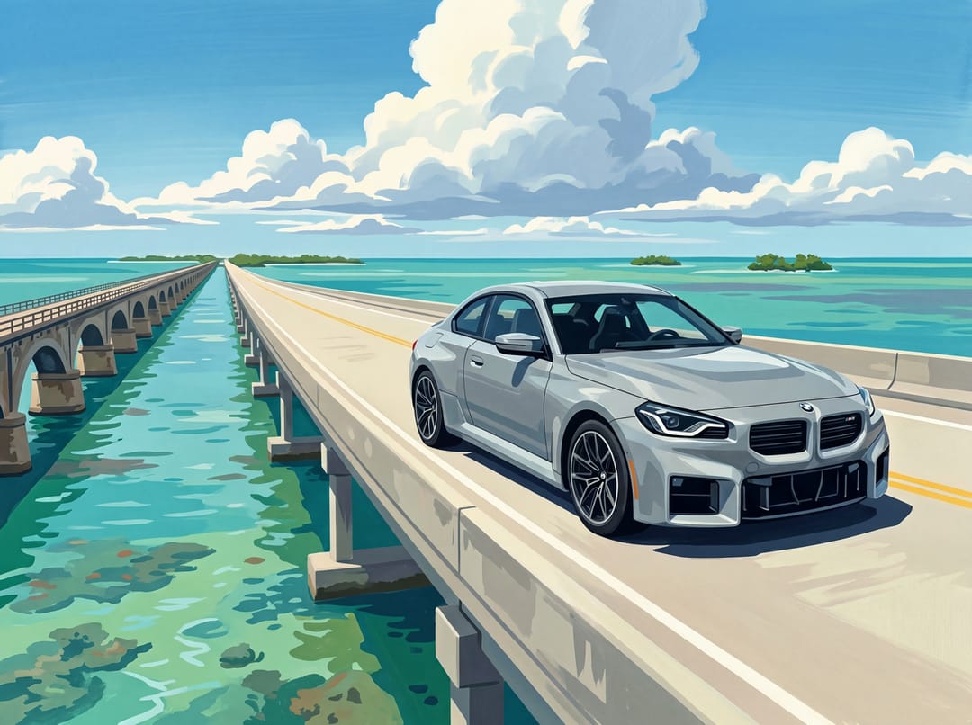 Vintage poster of a gray BMW M2 coupe on a long causeway over turquoise water in the Florida Keys