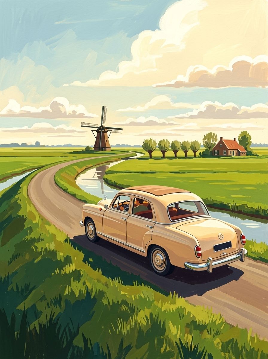 Print van een beige Mercedes-Benz Ponton op een dijkweg langs een sloot met een boerderij in de verte