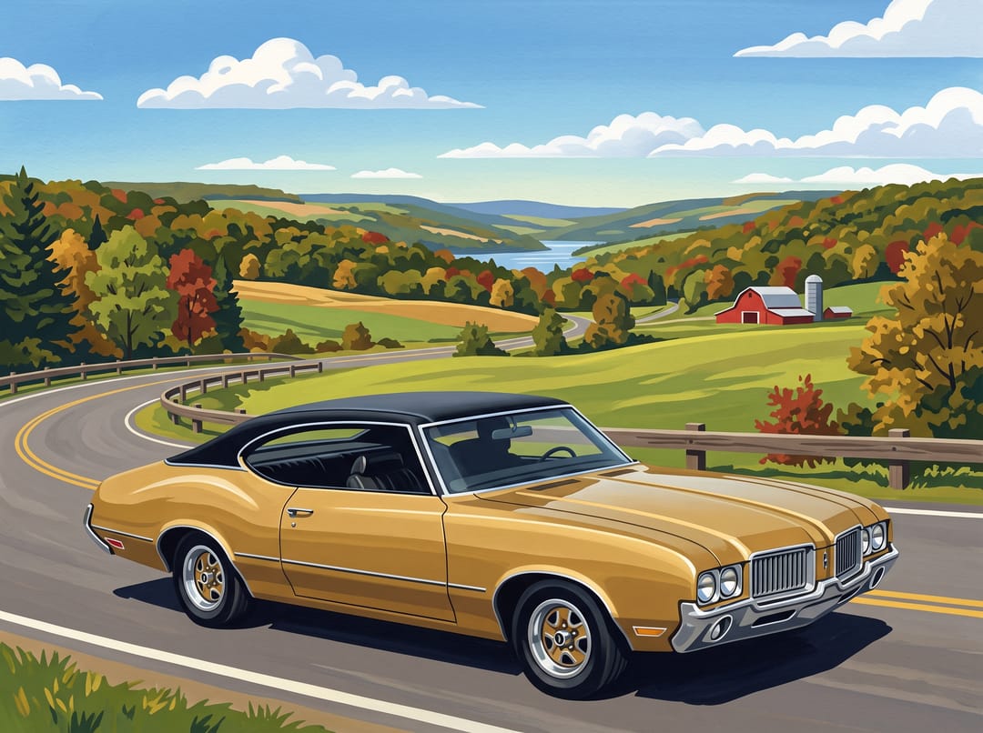 Poster of a gold 1970 Oldsmobile Cutlass two-door with a black vinyl roof on a country road with a red barn