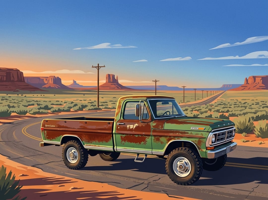 Green and rust 1967 to 1972 Ford F-100 Sport Custom with patina on Route 66