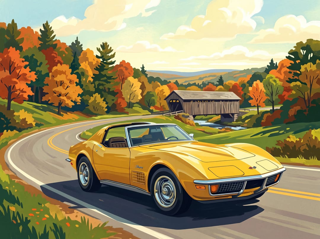 Custom car poster of a War Bonnet Yellow 1972 Chevrolet Corvette T-top on a country road in autumn with a covered bridge behind it