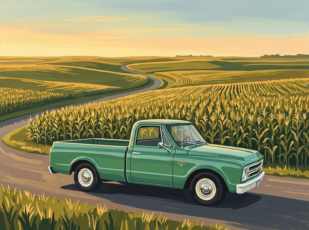 Green 1967 to 1968 Chevy C10 long bed passing a cornfield on a country road