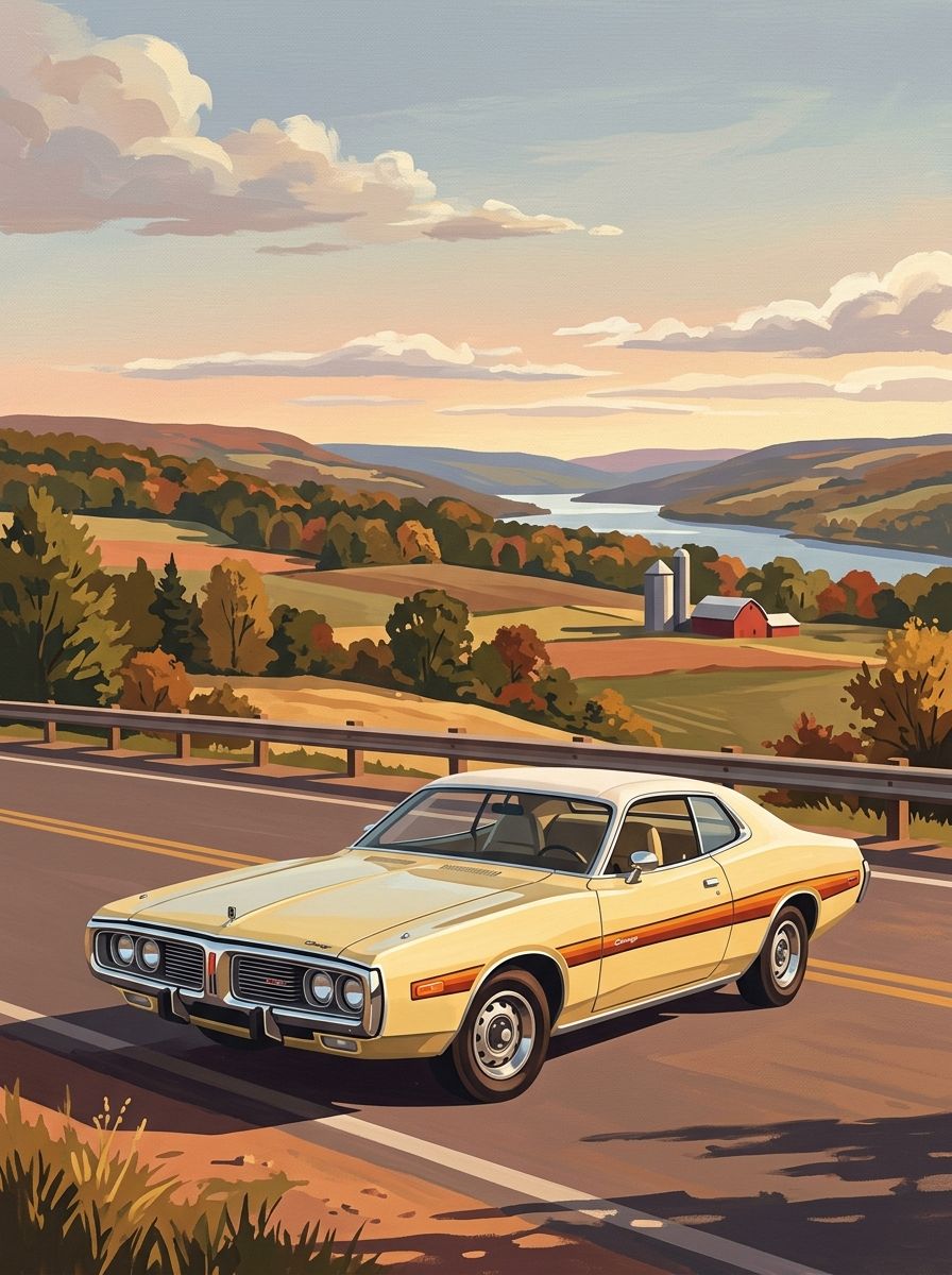 Vertical poster of a pale yellow 1973 Dodge Charger with a white vinyl roof and side stripe on a country road