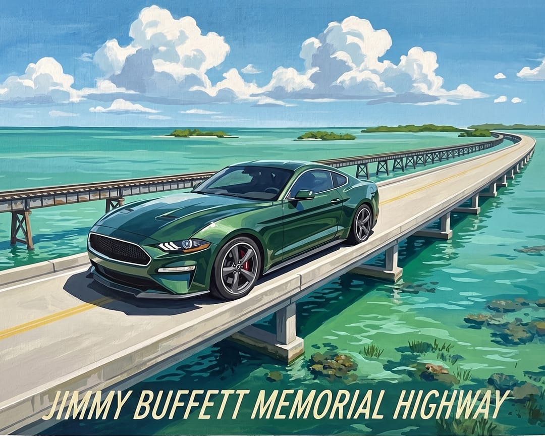 Dark green S550 Mustang Bullitt on the Overseas Highway bridge in the Florida Keys