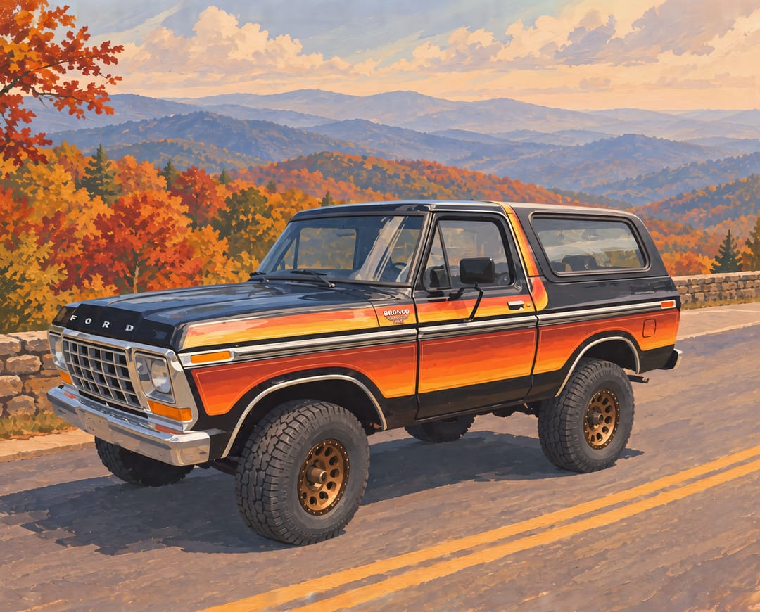 Black 1978 to 1979 Ford Bronco Ranger XLT with orange and yellow tape stripes on the Blue Ridge Parkway