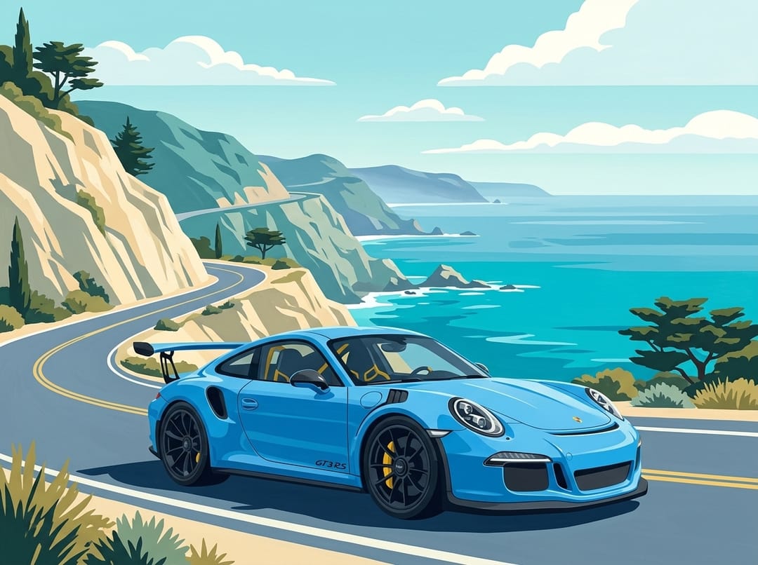 Vintage poster of a blue Porsche 911 GT3 RS with a large rear wing on a cliffside coastal road