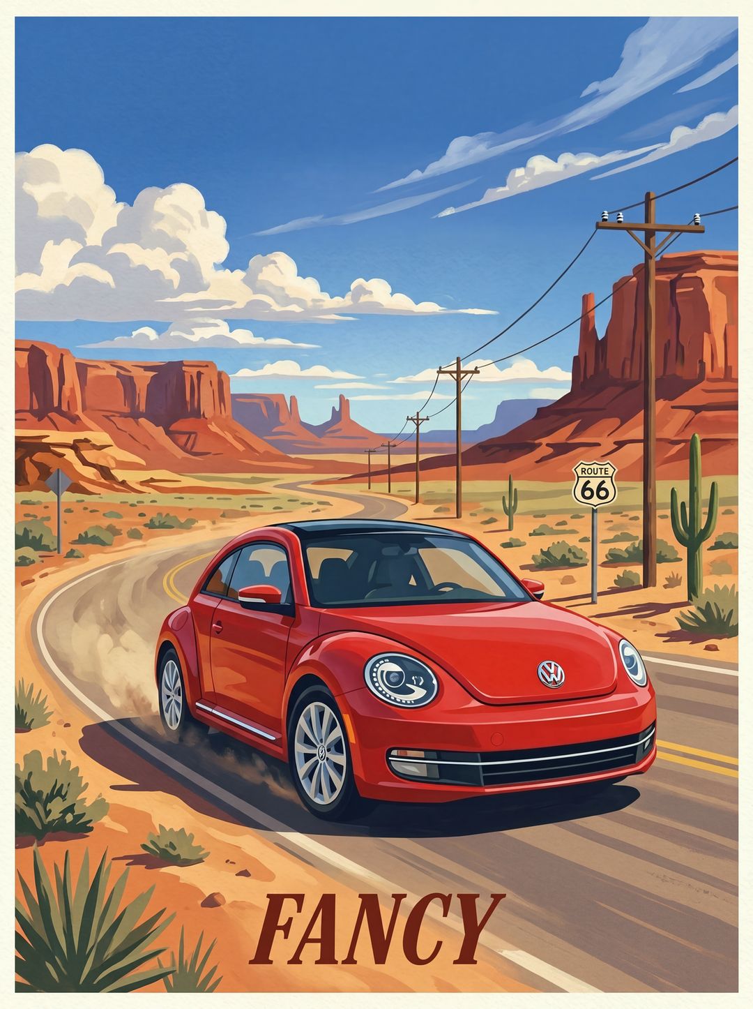 Red Volkswagen Beetle of the 2012 to 2019 generation on Route 66 through the desert