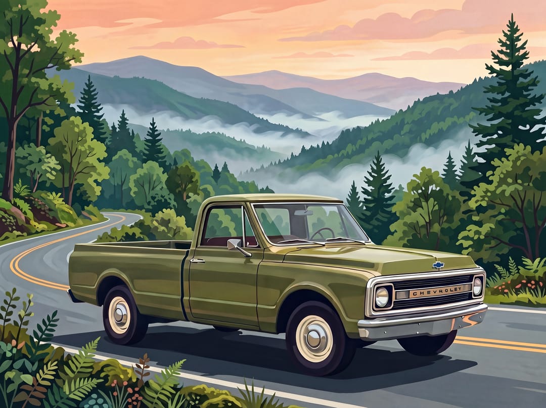 Illustrated poster of an olive green 1970 Chevrolet C10 pickup on a misty Smoky Mountains road
